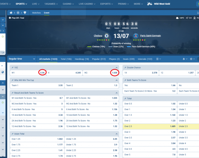 Chelsea VS PSG koeficientët në 1xbet 13.07.2025