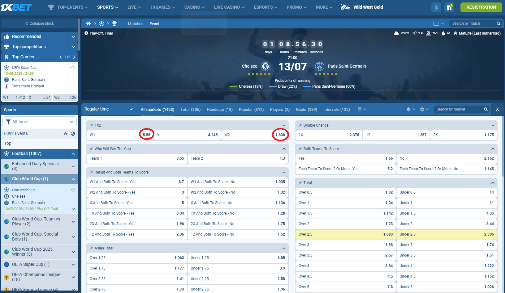 Chelsea VS PSG koeficientët në 1xbet 13.07.2025