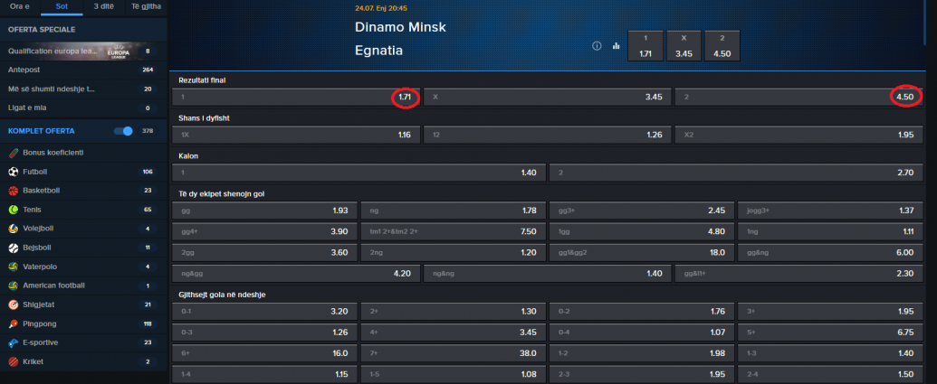 Din. Minsk VS Egnatia koeficientët në Mozzartbet 24.07.2025