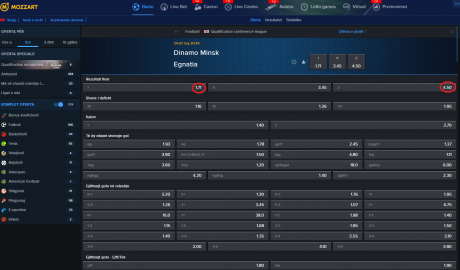 Din. Minsk VS Egnatia koeficientët në Mozzartbet 24.07.2025