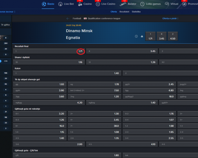Din. Minsk VS Egnatia koeficientët në Mozzartbet 24.07.2025