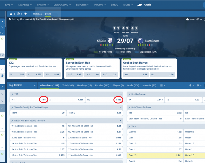Drita VS FC Copenhagen koeficientët në 1xbet 29.07.2025