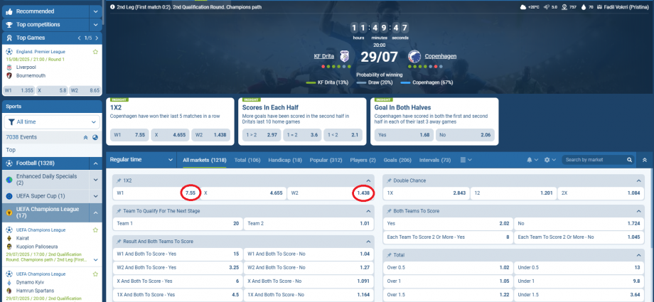 Drita VS FC Copenhagen koeficientët në 1xbet 29.07.2025
