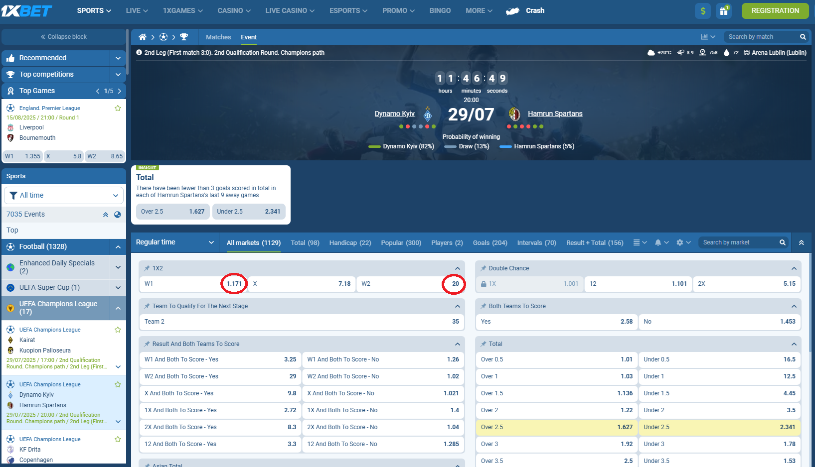 Dyn.Kyiv VS Hamrun koeficientët në 1xbet 28.07.2025