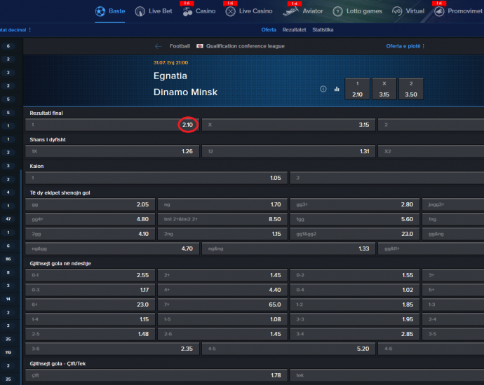 Egnatia VS Din. Minsk koeficientët në Mozzartbet 31.07.2025