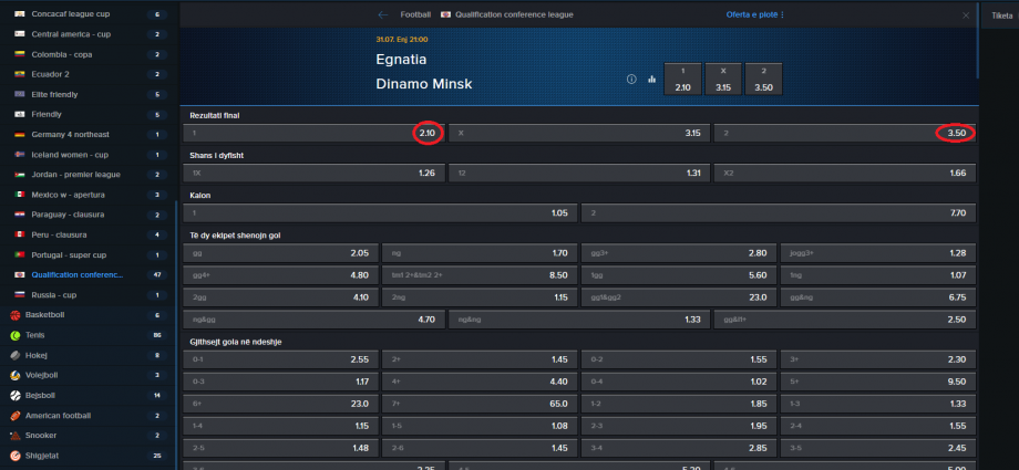 Egnatia VS Din. Minsk koeficientët në Mozzartbet 31.07.2025