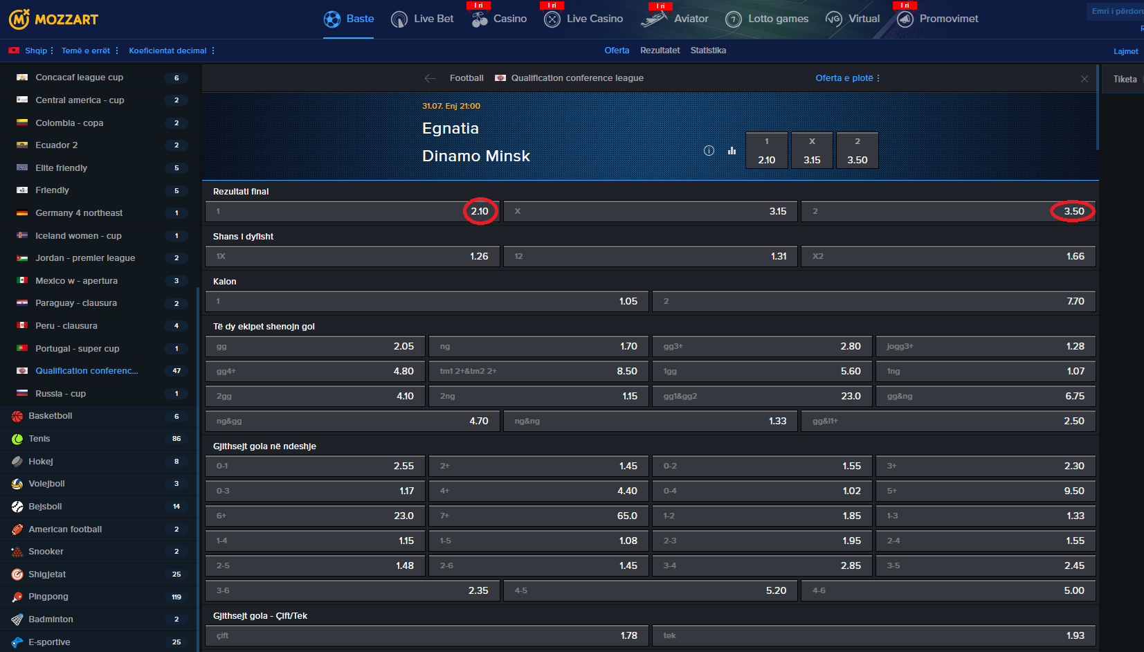 Egnatia VS Din. Minsk koeficientët në Mozzartbet 31.07.2025