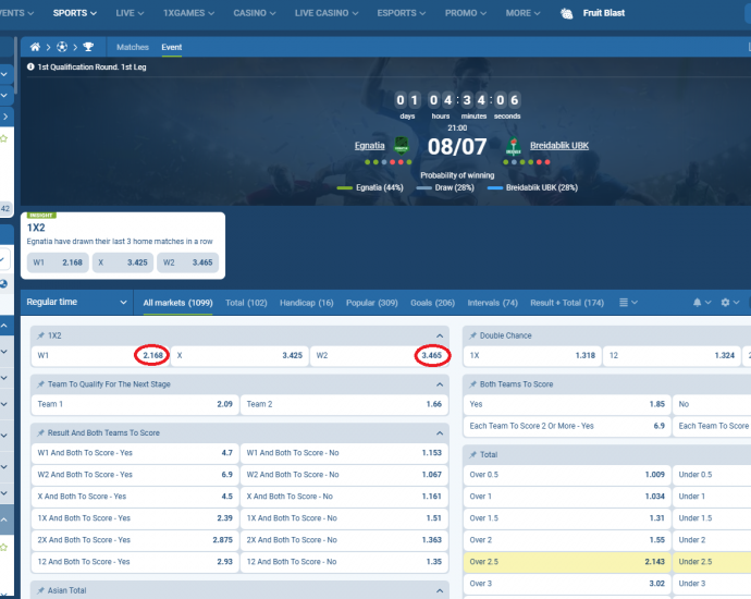 Egnatia VS Breidablik koeficientët në 1xbet 08.07.2025