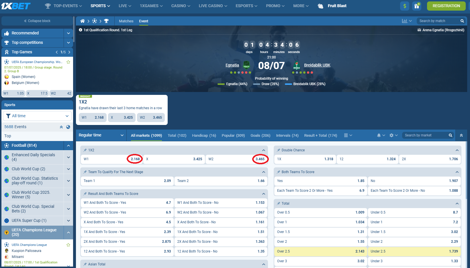 Egnatia VS Breidablik koeficientët në 1xbet 08.07.2025