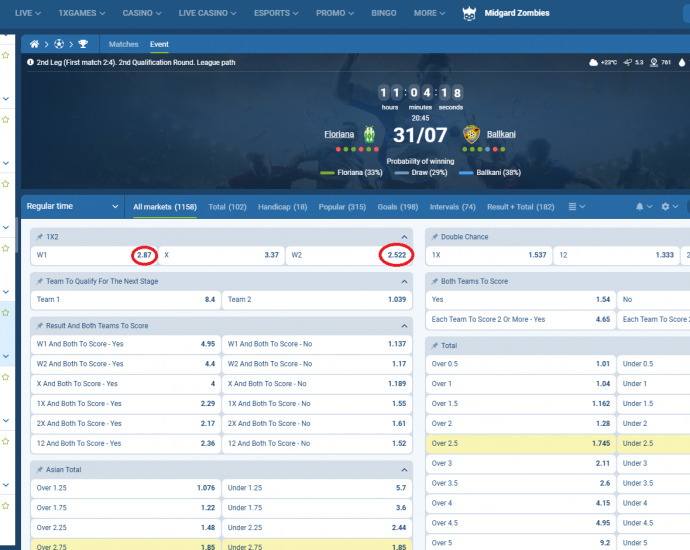 Floriana VS FC Ballkani koeficientët në 1xbet 31.07.2025