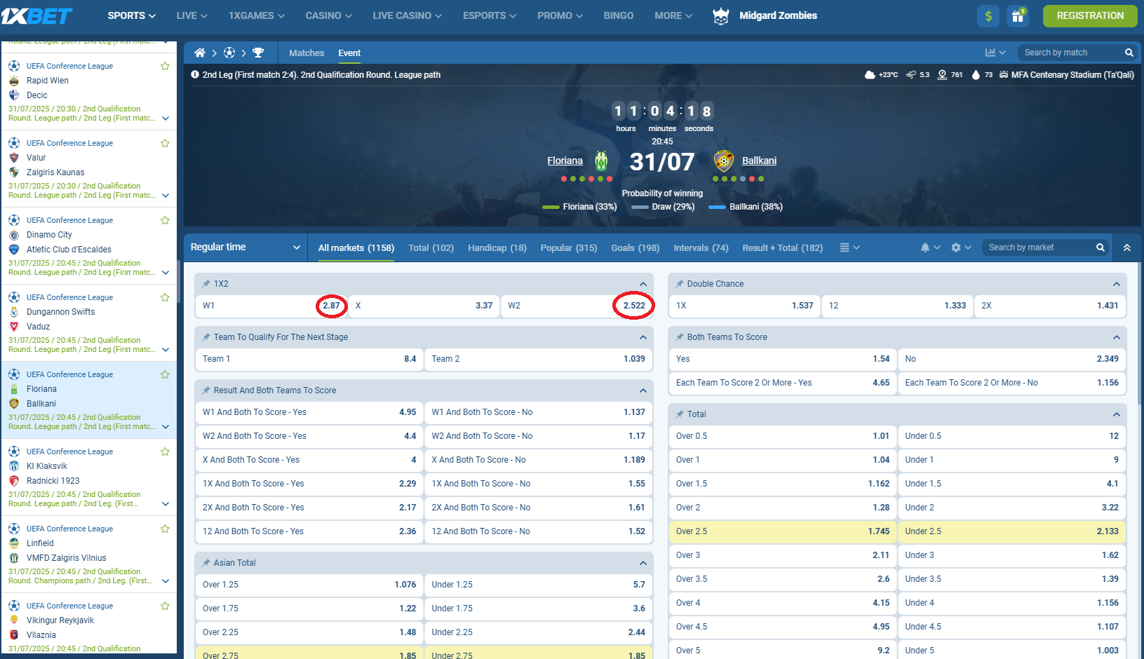 Floriana VS FC Ballkani koeficientët në 1xbet 31.07.2025