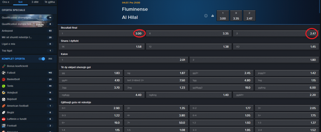 Fluminense VS Al Hilal koeficientët në Mozzartbet 04.07.2025