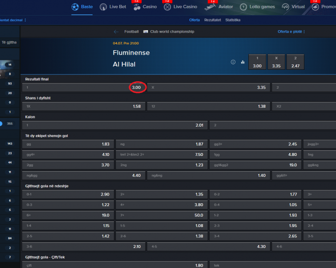 Fluminense VS Al Hilal koeficientët në Mozzartbet 04.07.2025