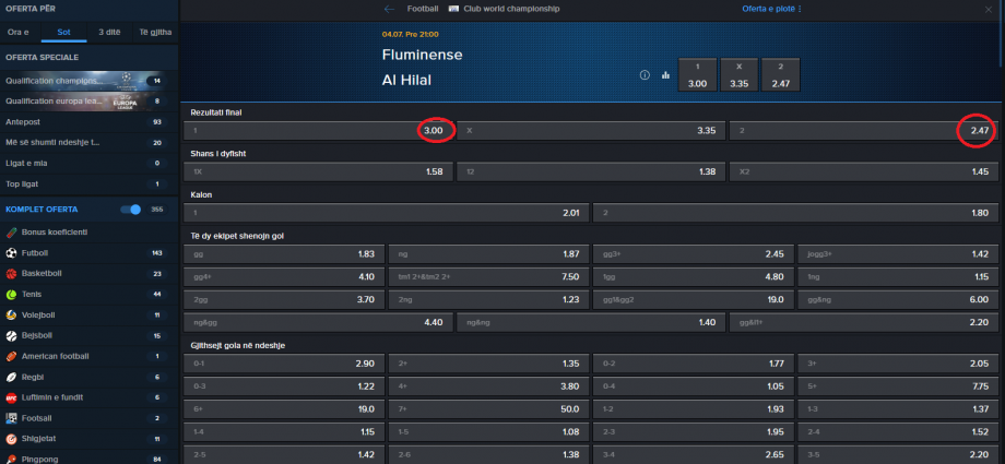 Fluminense VS Al Hilal koeficientët në Mozzartbet 04.07.2025