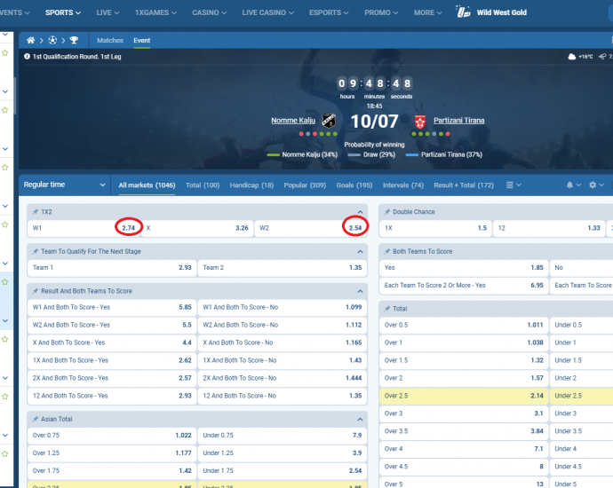 Kalju VS Partizani koeficientët në 1xbet 10.07.2025