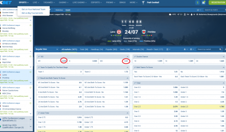 Larne VS Prishtina koeficientët në 1xbet 24.07.2025