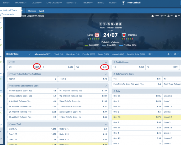 Larne VS Prishtina koeficientët në 1xbet 24.07.2025