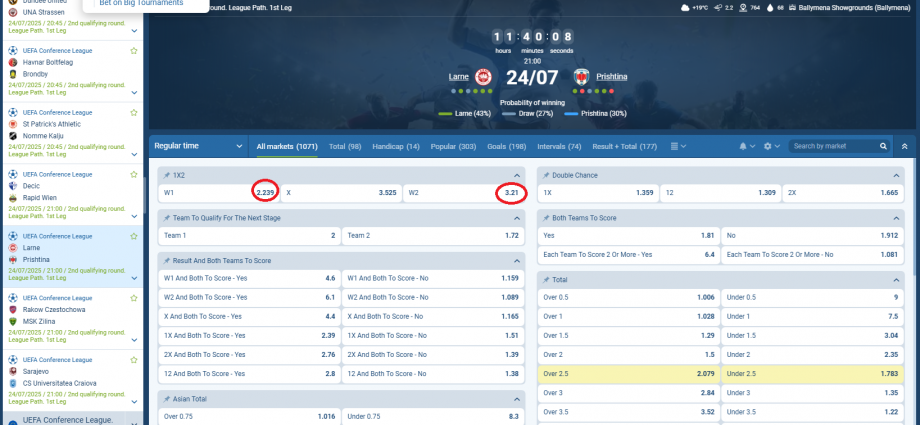 Larne VS Prishtina koeficientët në 1xbet 24.07.2025