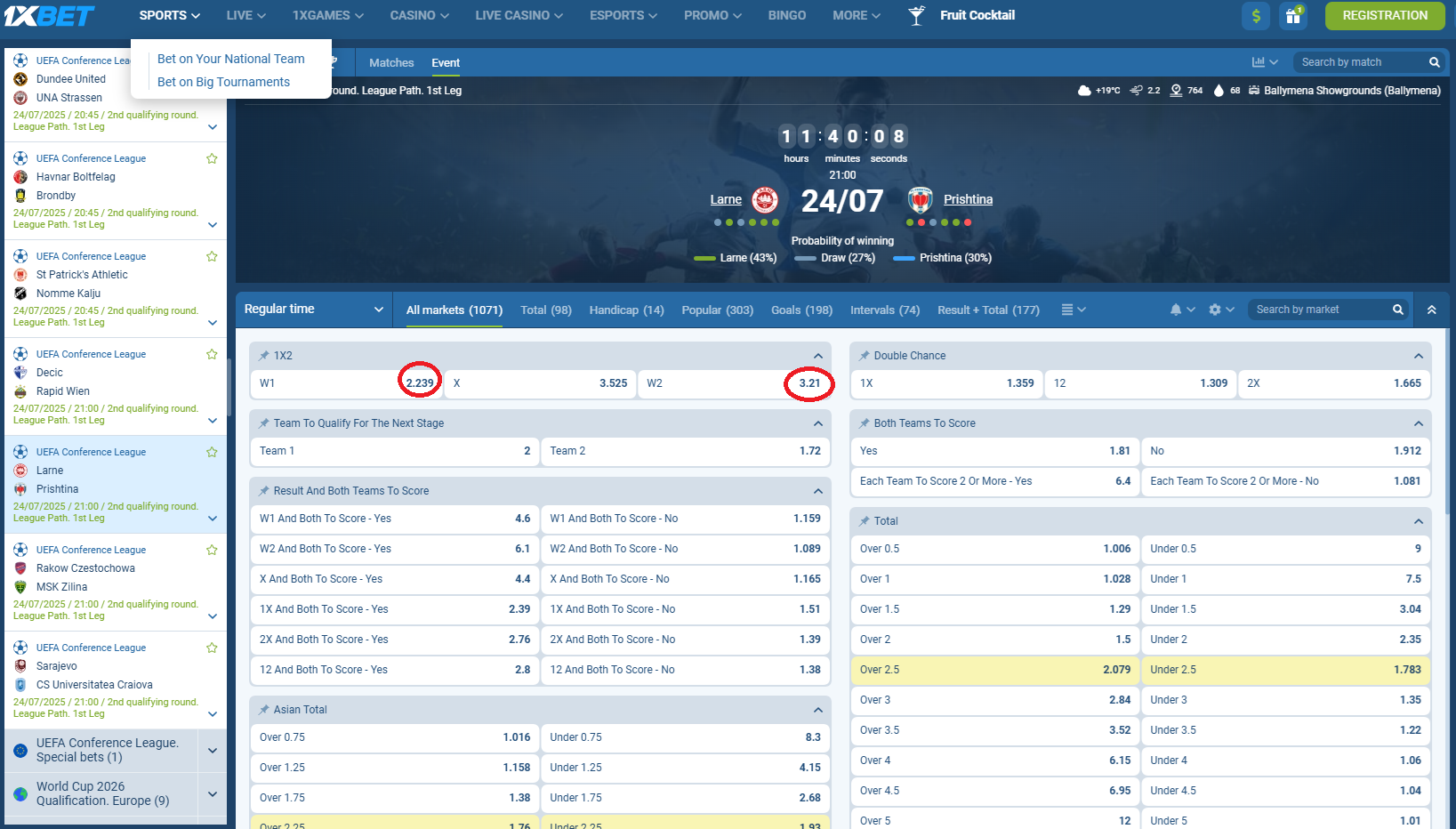 Larne VS Prishtina koeficientët në 1xbet 24.07.2025