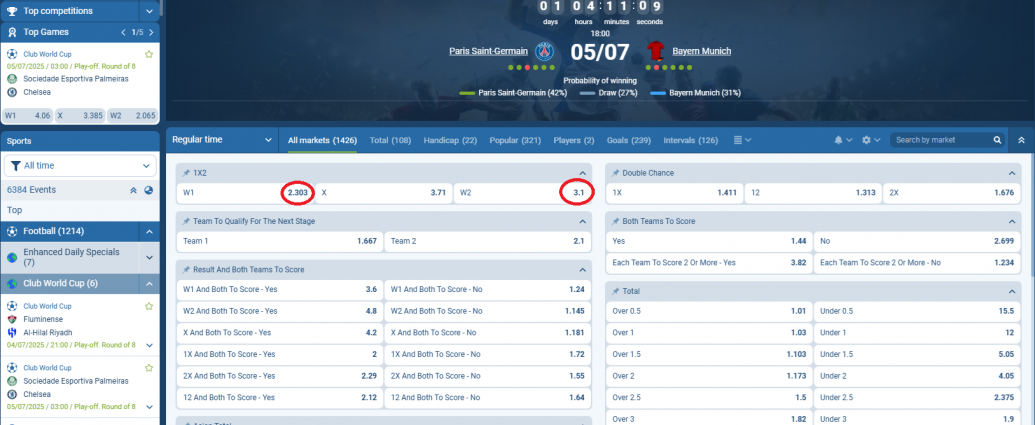 PSG VS Bayern Munich koeficientët në 1xbet 05.07.2025