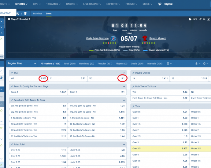 PSG VS Bayern Munich koeficientët në 1xbet 05.07.2025