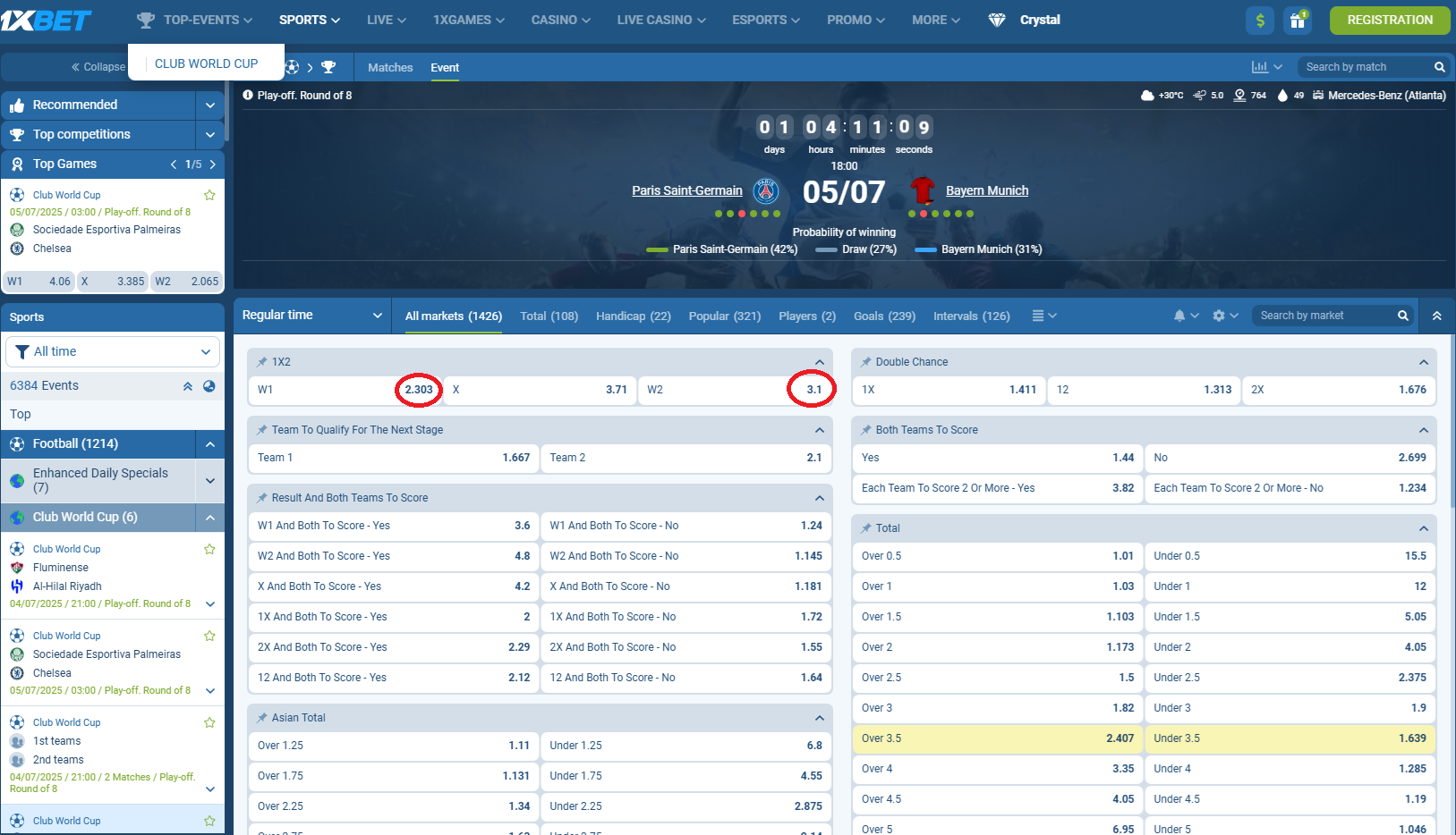 PSG VS Bayern Munich koeficientët në 1xbet 05.07.2025