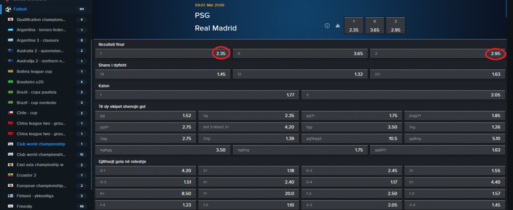 PSG VS Real Madrid koeficientët në Mozzartbet 09.07.2025