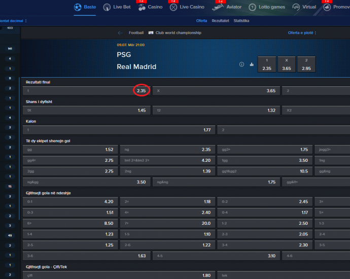 PSG VS Real Madrid koeficientët në Mozzartbet 09.07.2025