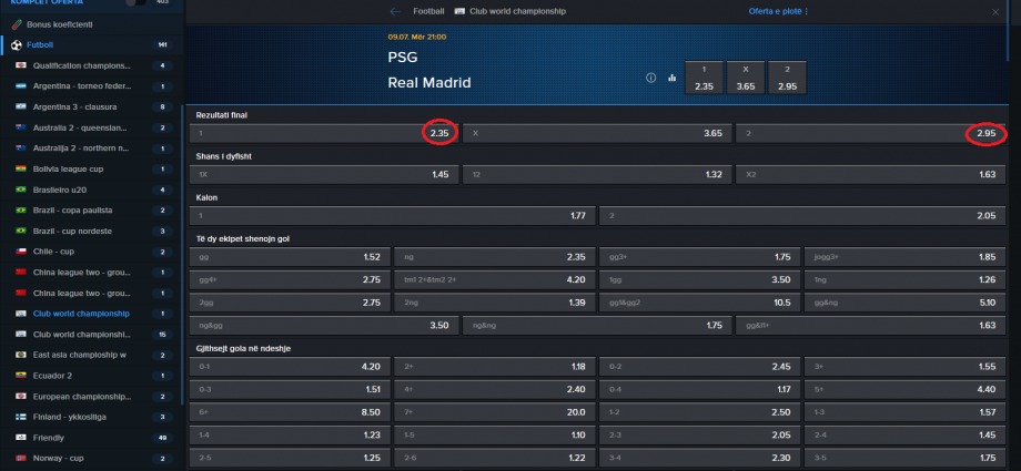 PSG VS Real Madrid koeficientët në Mozzartbet 09.07.2025