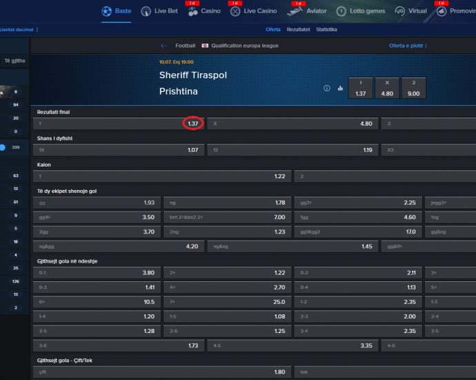 Sheriff Tiraspol VS Prishtina koeficientët në Mozzartbet 10.07.2025