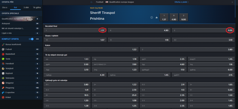 Sheriff Tiraspol VS Prishtina koeficientët në Mozzartbet 10.07.2025