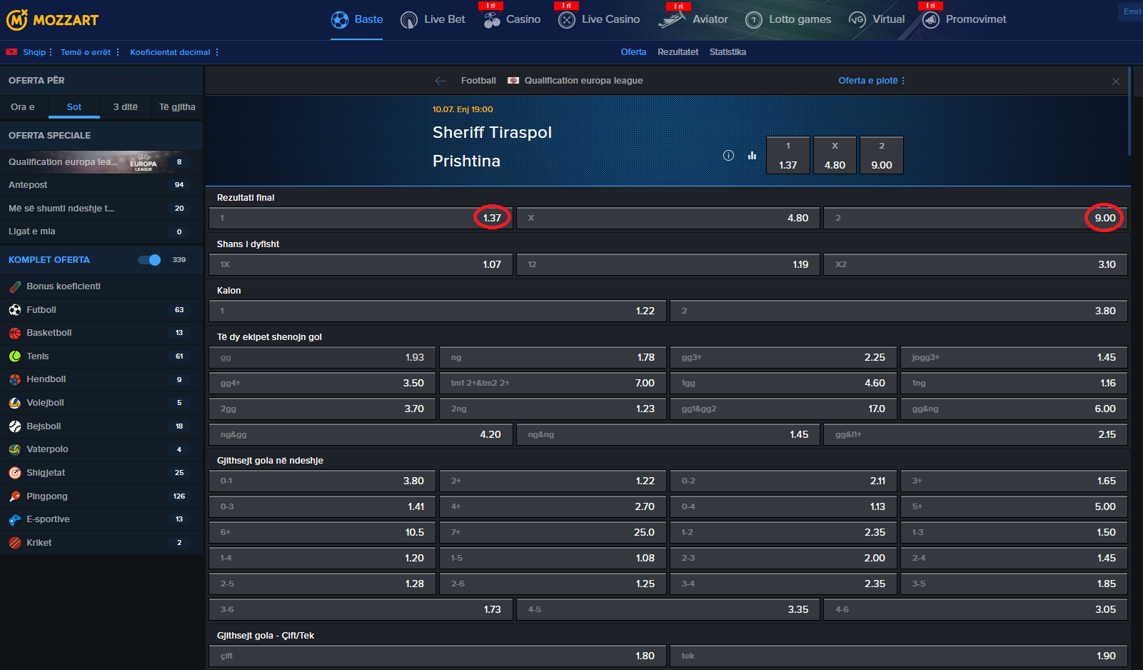 Sheriff Tiraspol VS Prishtina koeficientët në Mozzartbet 10.07.2025