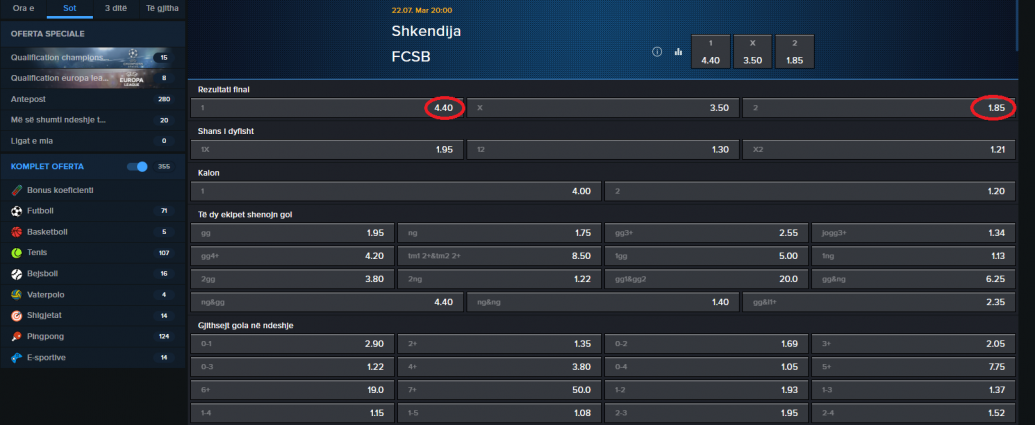 Shkëndija VS FCSB koeficientët në Mozzartbet 22.07.2025