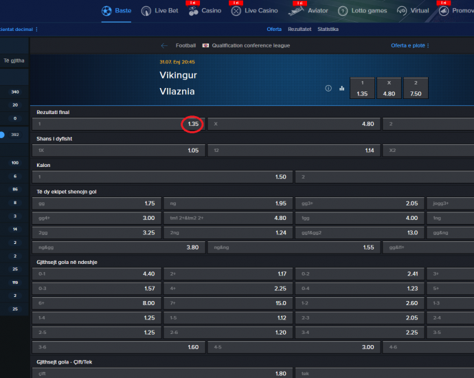 Vikingur Reykjavik VS Vllaznia koeficientët në Mozzartbet 31.07.2025