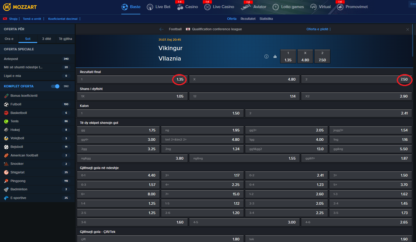 Vikingur Reykjavik VS Vllaznia koeficientët në Mozzartbet 31.07.2025