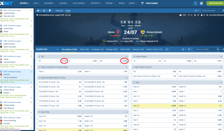 Vllaznia VS Vikingur Reykjavik koeficientët në 1xbet 24.07.2025