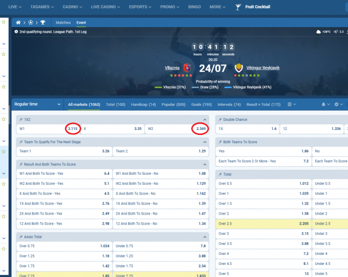 Vllaznia VS Vikingur Reykjavik koeficientët në 1xbet 24.07.2025