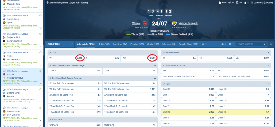 Vllaznia VS Vikingur Reykjavik koeficientët në 1xbet 24.07.2025