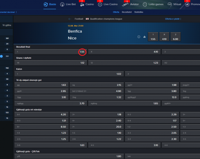 Benfica VS Nice koeficientët në Mozzartbet 12.08.2025