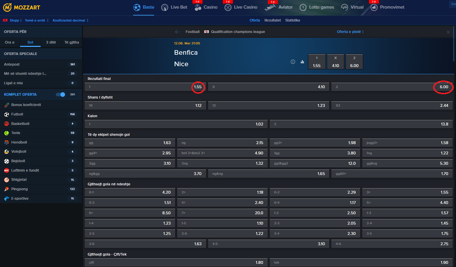 Benfica VS Nice koeficientët në Mozzartbet 12.08.2025