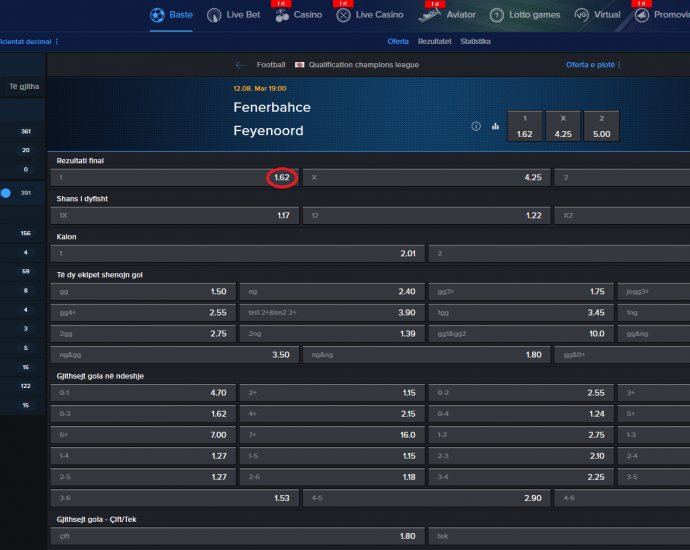 Fenerbahce VS Feyenoord koeficeintët në Mozzartbet 12.08.2025