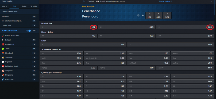 Fenerbahce VS Feyenoord koeficeintët në Mozzartbet 12.08.2025