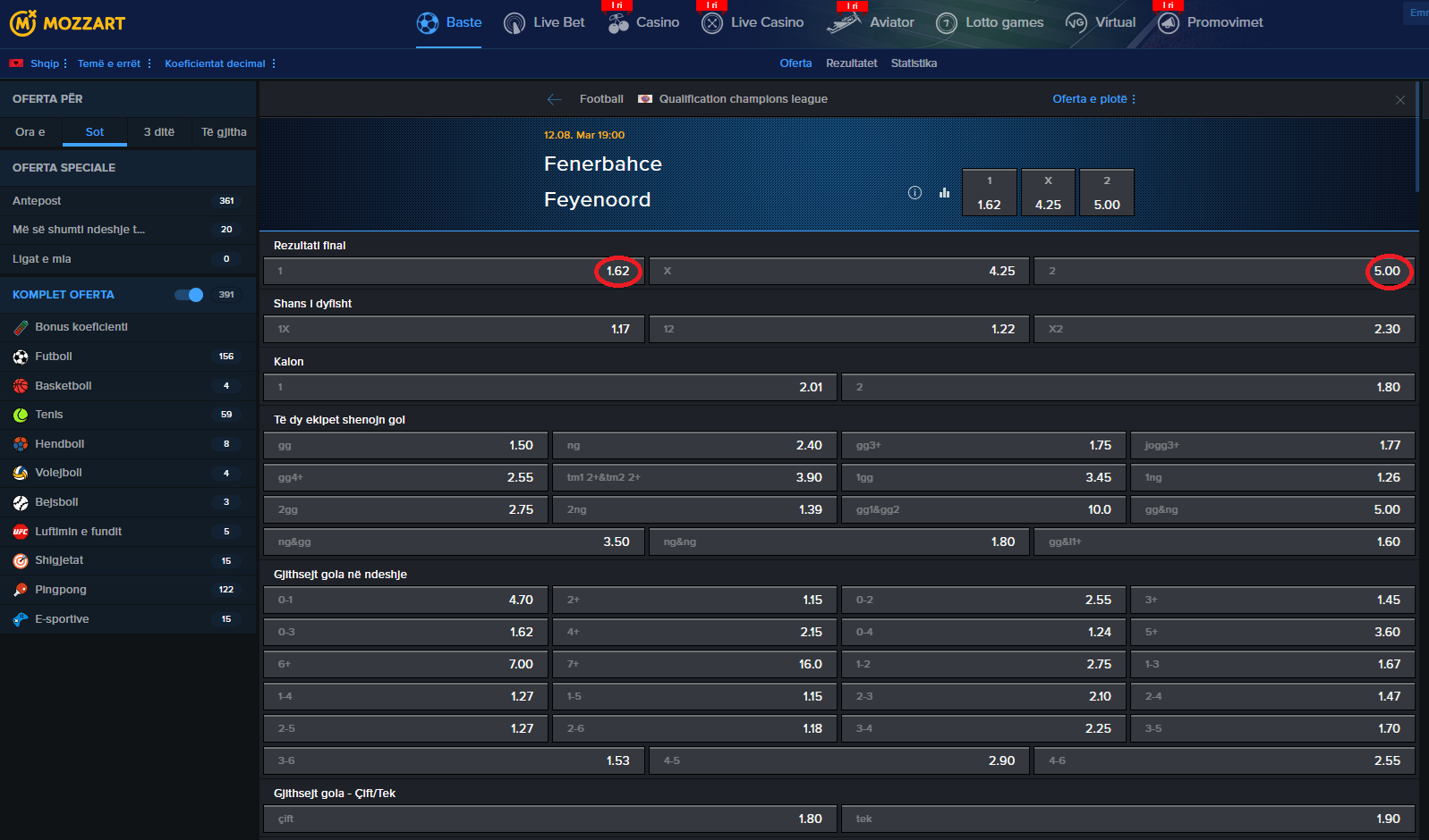 Fenerbahce VS Feyenoord koeficeintët në Mozzartbet 12.08.2025