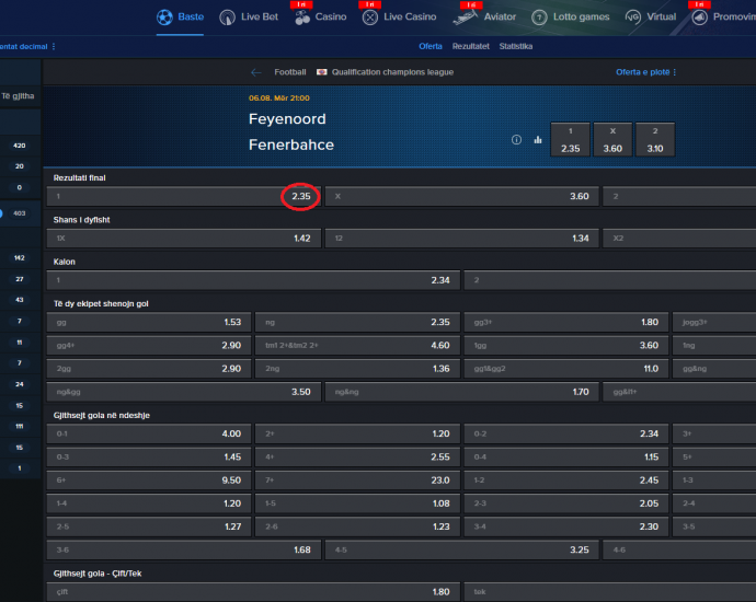 Feyenoord VS Fenerbahce koeficientët në Mozzartbet 06.08.2025