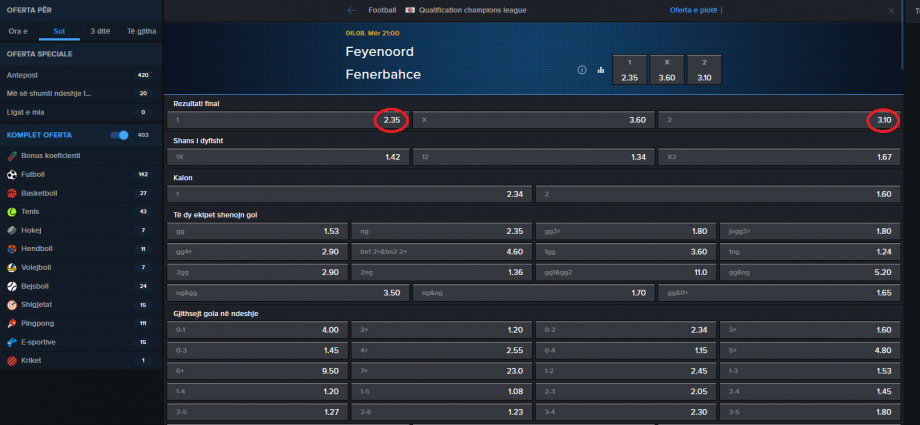 Feyenoord VS Fenerbahce koeficientët në Mozzartbet 06.08.2025
