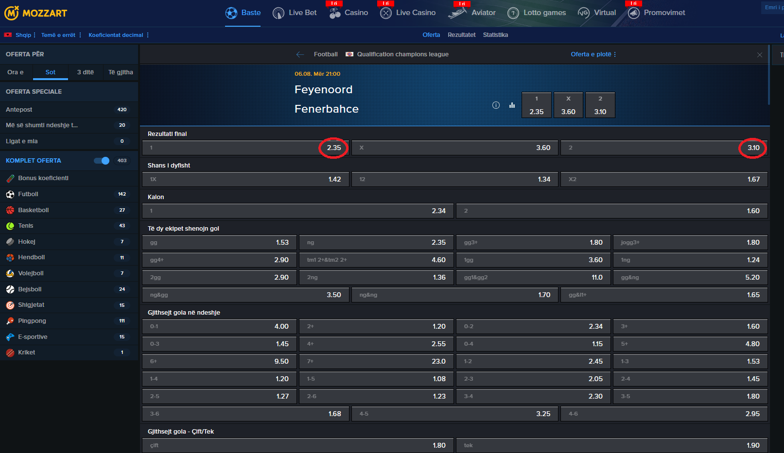 Feyenoord VS Fenerbahce koeficientët në Mozzartbet 06.08.2025