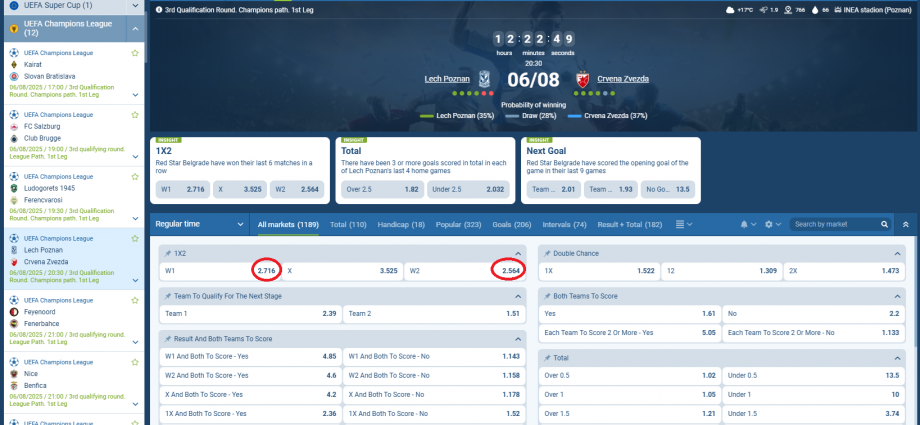 Lech Poznan VS Crvena Zvezda koeficientët në 1xbet 06.08.2025