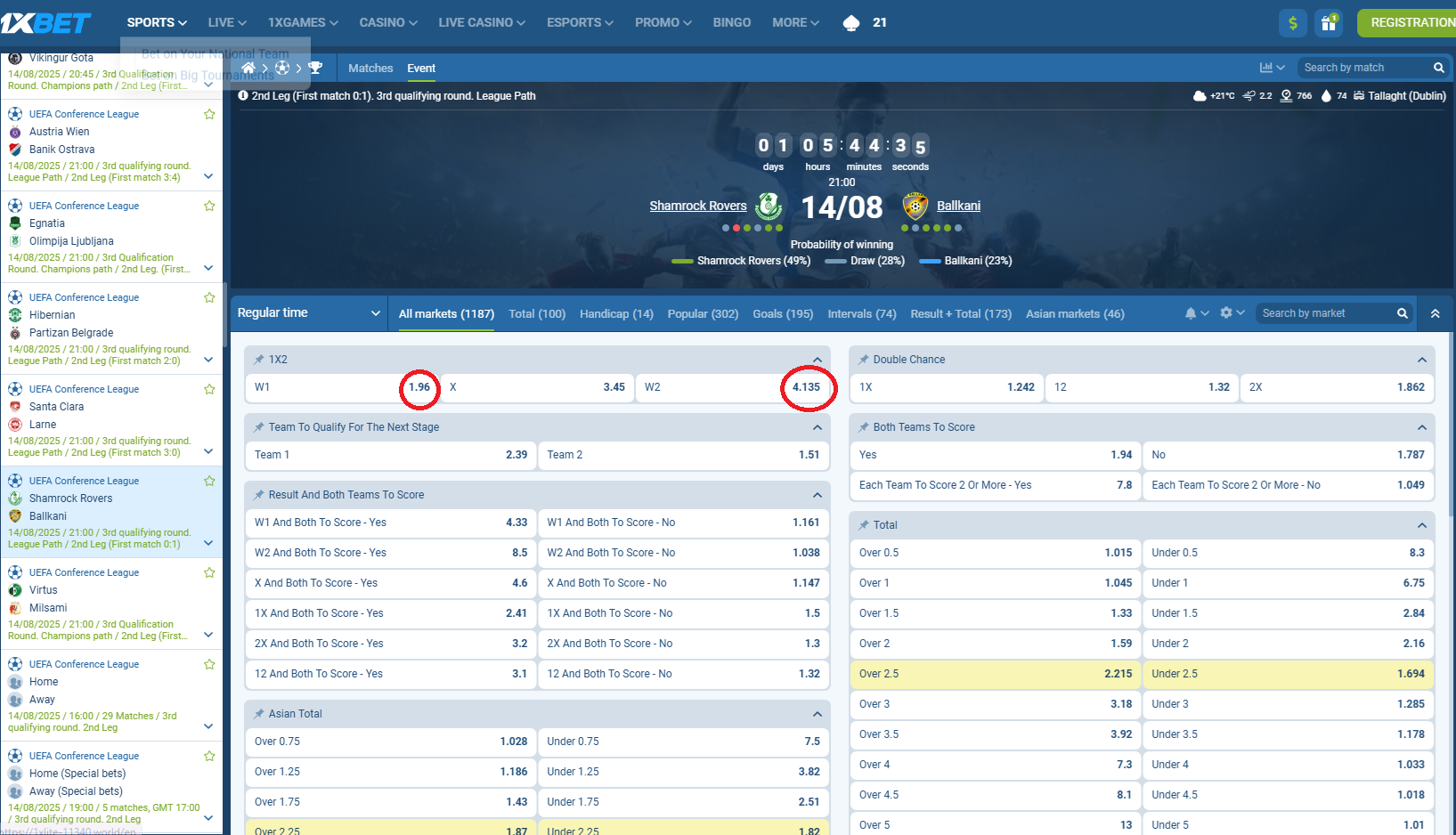 Shamrock Rovers VS FC Ballkani koeficientët në 1xbet 14.08.2025