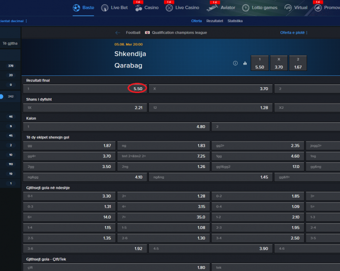 Shkëndija VS Qarabag koeficientët në Mozzartbet 04.08.2025