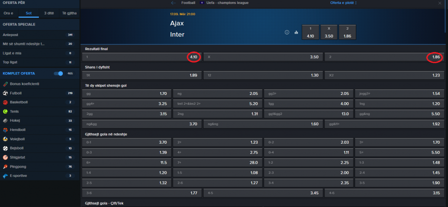 Ajax VS Inter koeficientët në Mozzartbet 17.09.2025